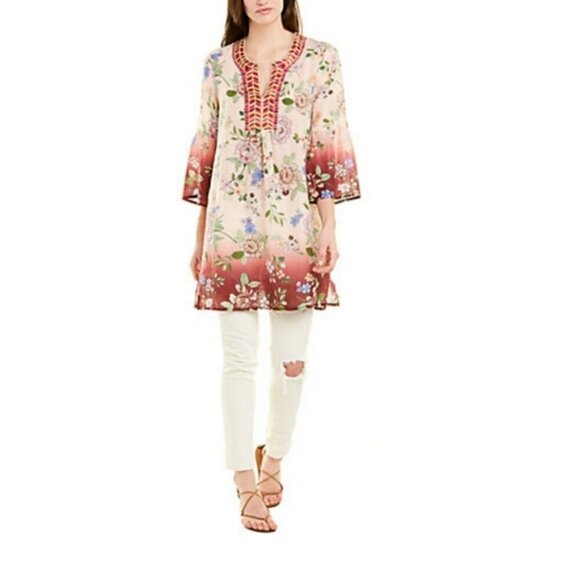 💕JOHNNY WAS💕 Flare Sleeve Tunic Dress ~ 100% Ramie Ombre Floral Print Medium - Picture 8 of 16